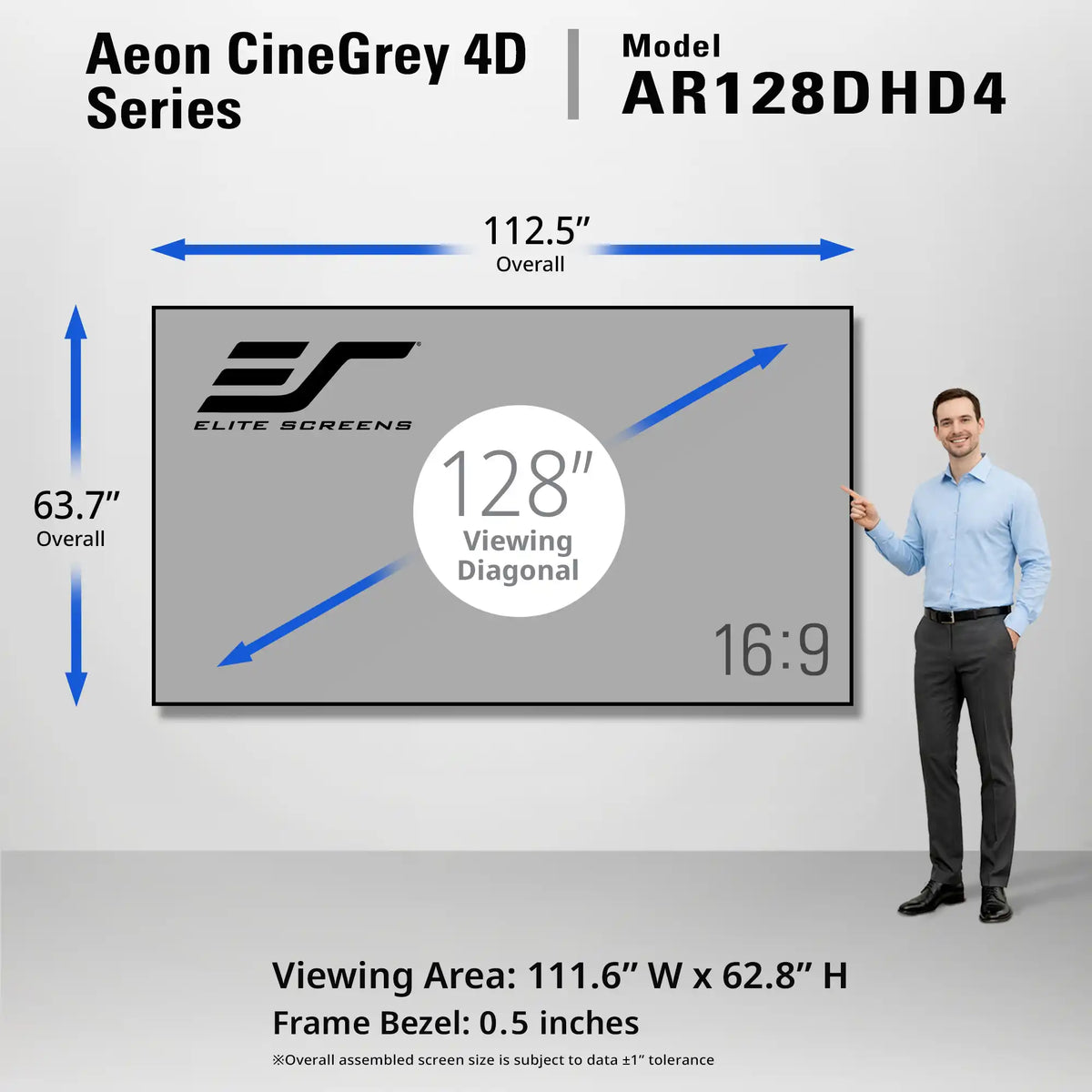 A man stands beside a large framed screen display showing dimensions and specs for the AEON CineGrey 4D Series model AR128DHD4. The graphic includes overall width 112.
