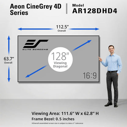 A man stands beside a large framed screen display showing dimensions and specs for the AEON CineGrey 4D Series model AR128DHD4. The graphic includes overall width 112.