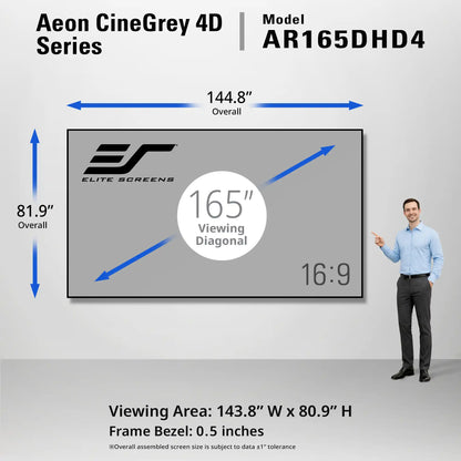 A product infographic showing a 165-inch cinema screen by Elite Screens, labeled as the Aeon CineGrey 4D Series, Model AR165DHD4. The graphic includes dimension lines indicating an overall width of 144.