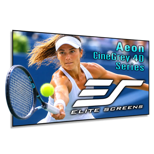 A rectangular wall-mounted screen or poster-style display showing a tennis player in action with large text reading 'Aeon CineGrey 4D Series' and 'ELITE SCREENS' on a white background.