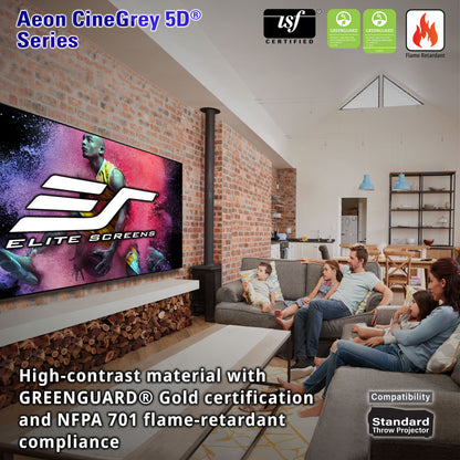 Living room with a large Elite Screens TV displaying the brand logo, with text about product features.