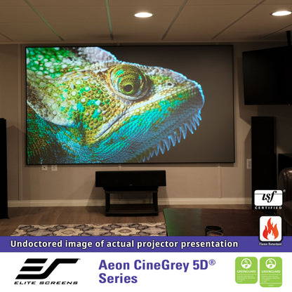 Projector screen displaying a chameleon on a wall in a home theater setting with Elite Screens branding.