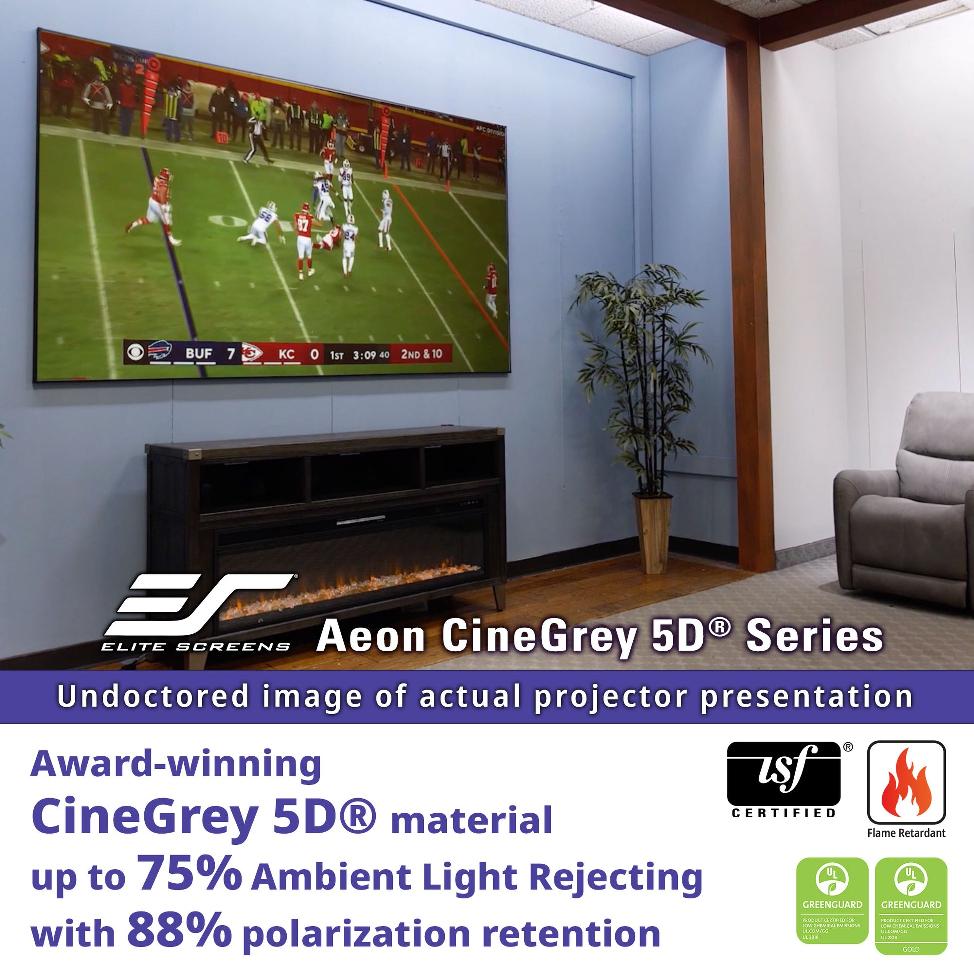 Living room with a large TV displaying a sports game, featuring Elite Screens Aeon CineGray 5D Series projector screen.