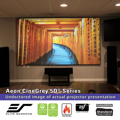 Projector screen displaying a scenic image with Elite Screens branding and product features.