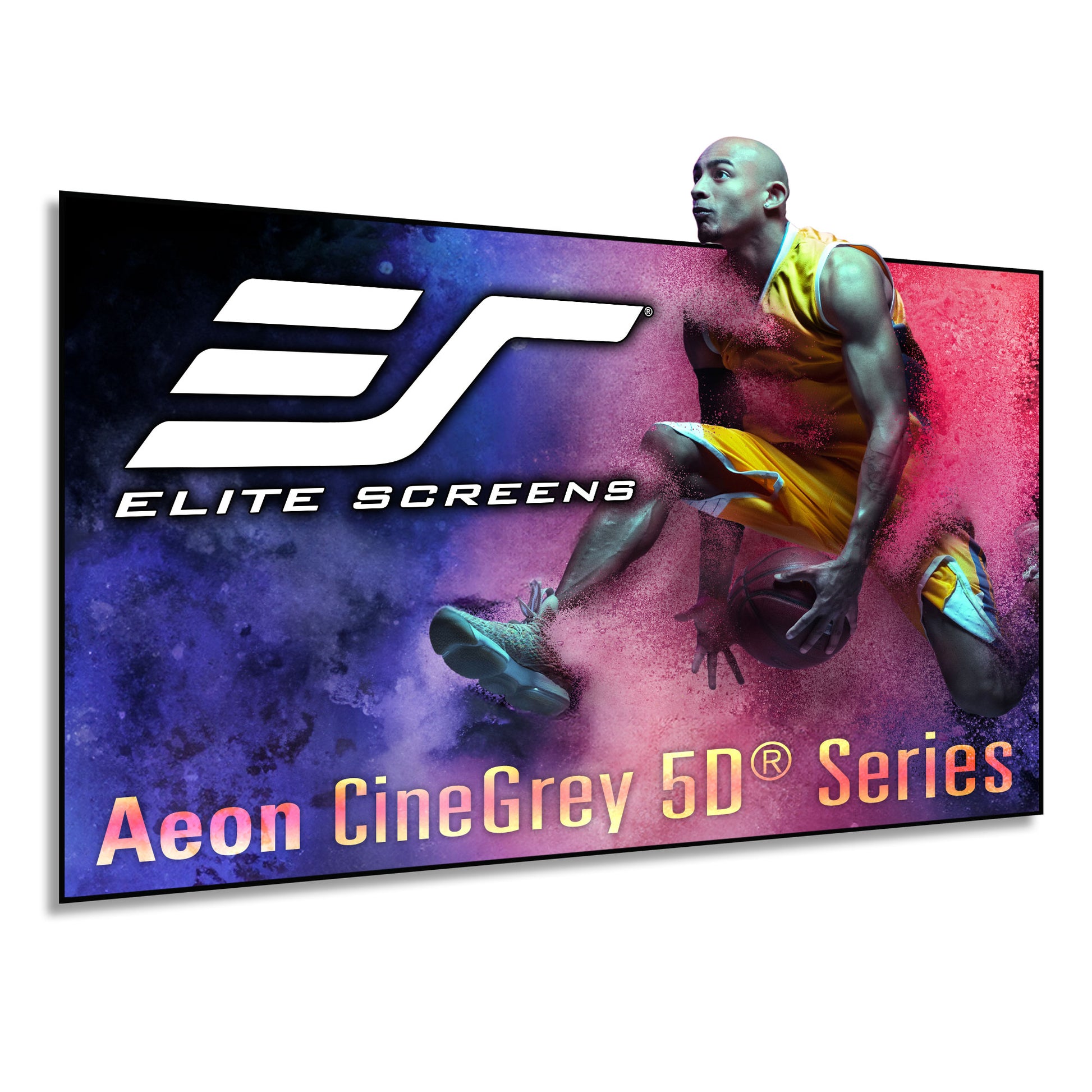 Elite Screens Aeon CineGrey 5D Series screen with a basketball player graphic