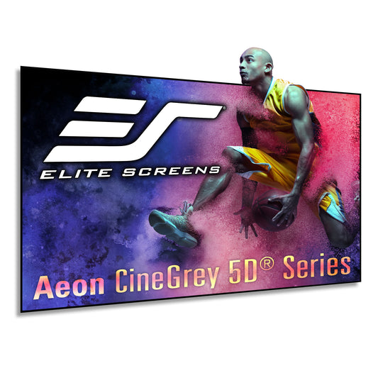Elite Screens Aeon CineGrey 5D Series screen with a basketball player graphic