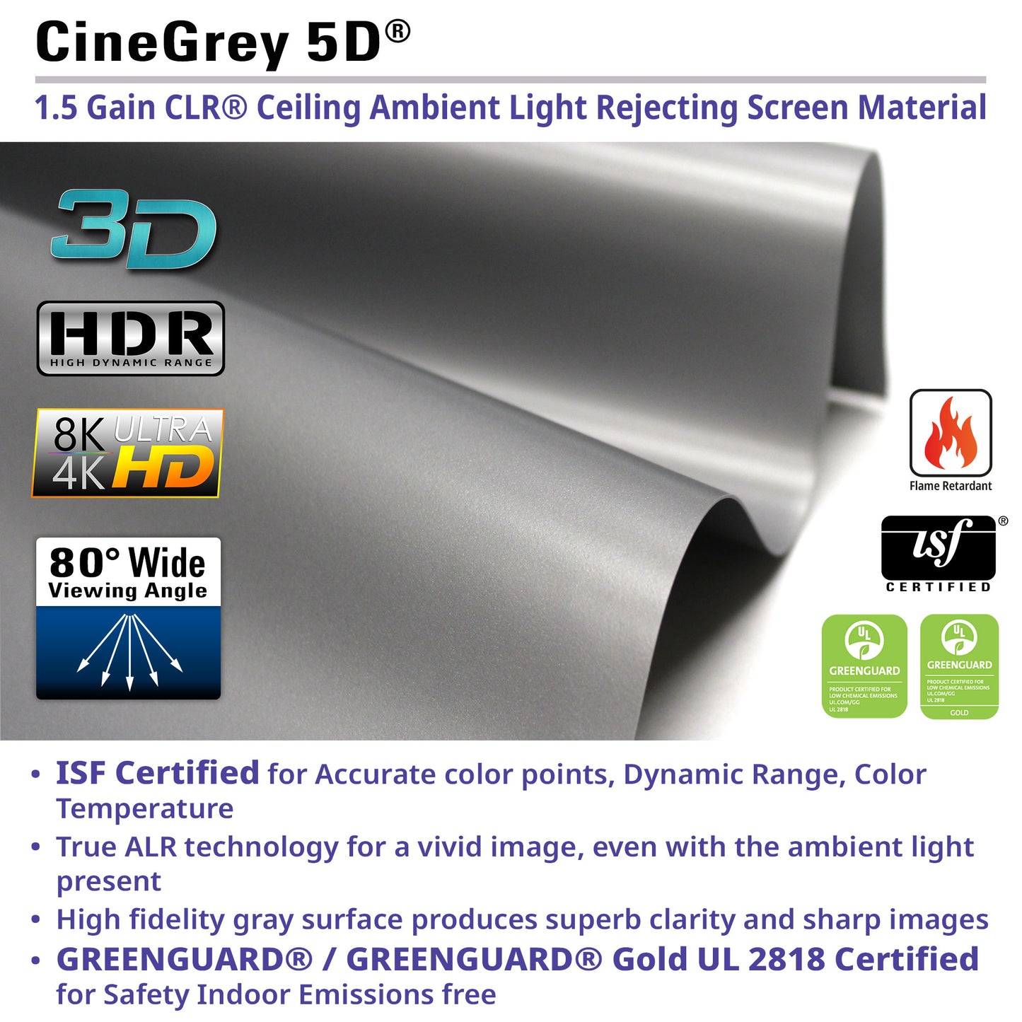 CineGrey 5D screen material with features listed on a white background