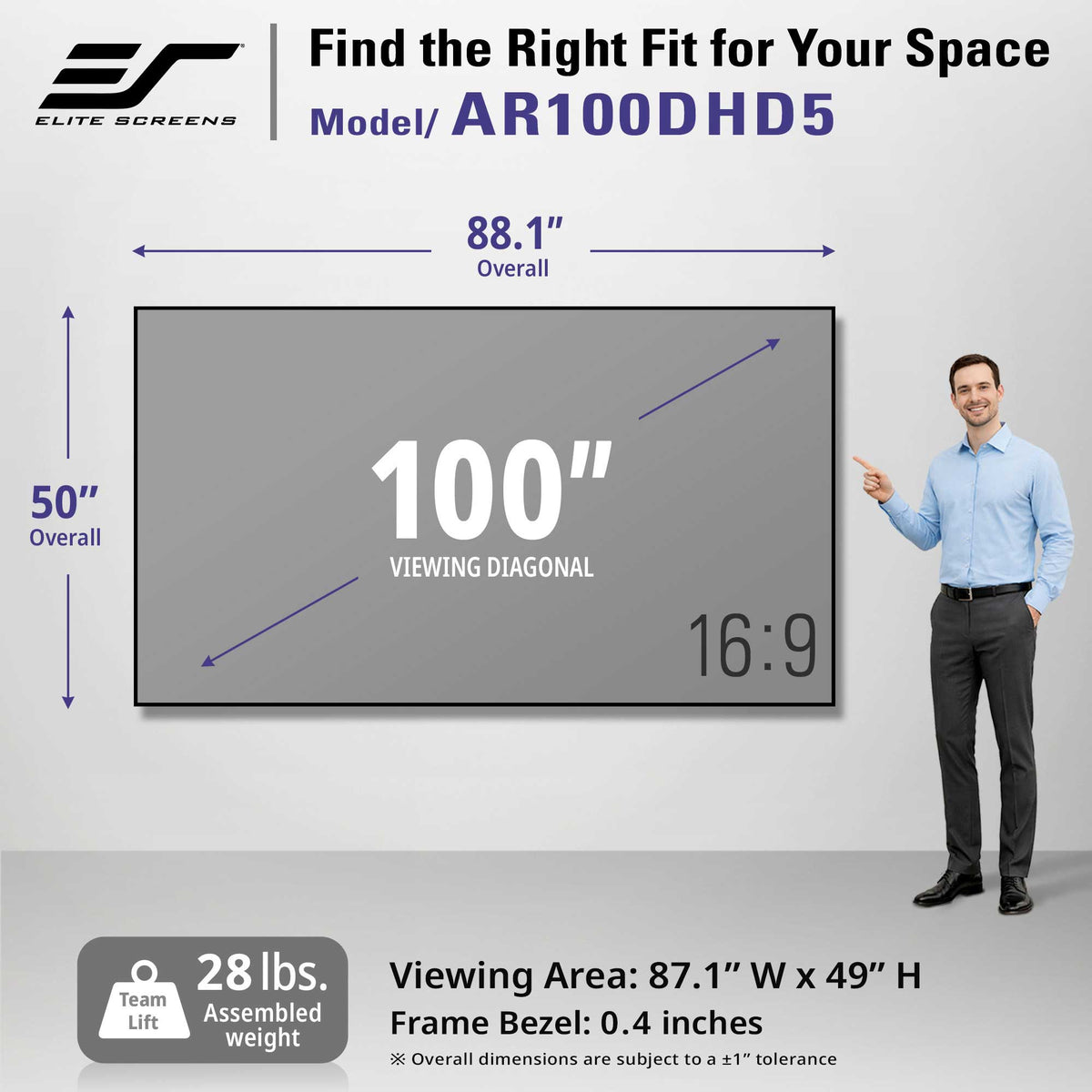 Elite Screens AR100DHD5 100-inch wall-mount TV display with dimensions labeled 88.1 inches overall and 50 inches height, shown on a light gray background with a man pointing to the screen and product specs at the bottom.