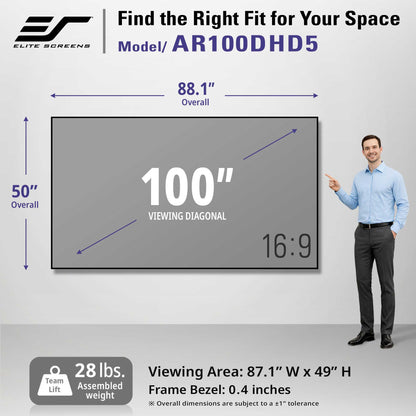 Elite Screens AR100DHD5 100-inch wall-mount TV display with dimensions labeled 88.1 inches overall and 50 inches height, shown on a light gray background with a man pointing to the screen and product specs at the bottom.