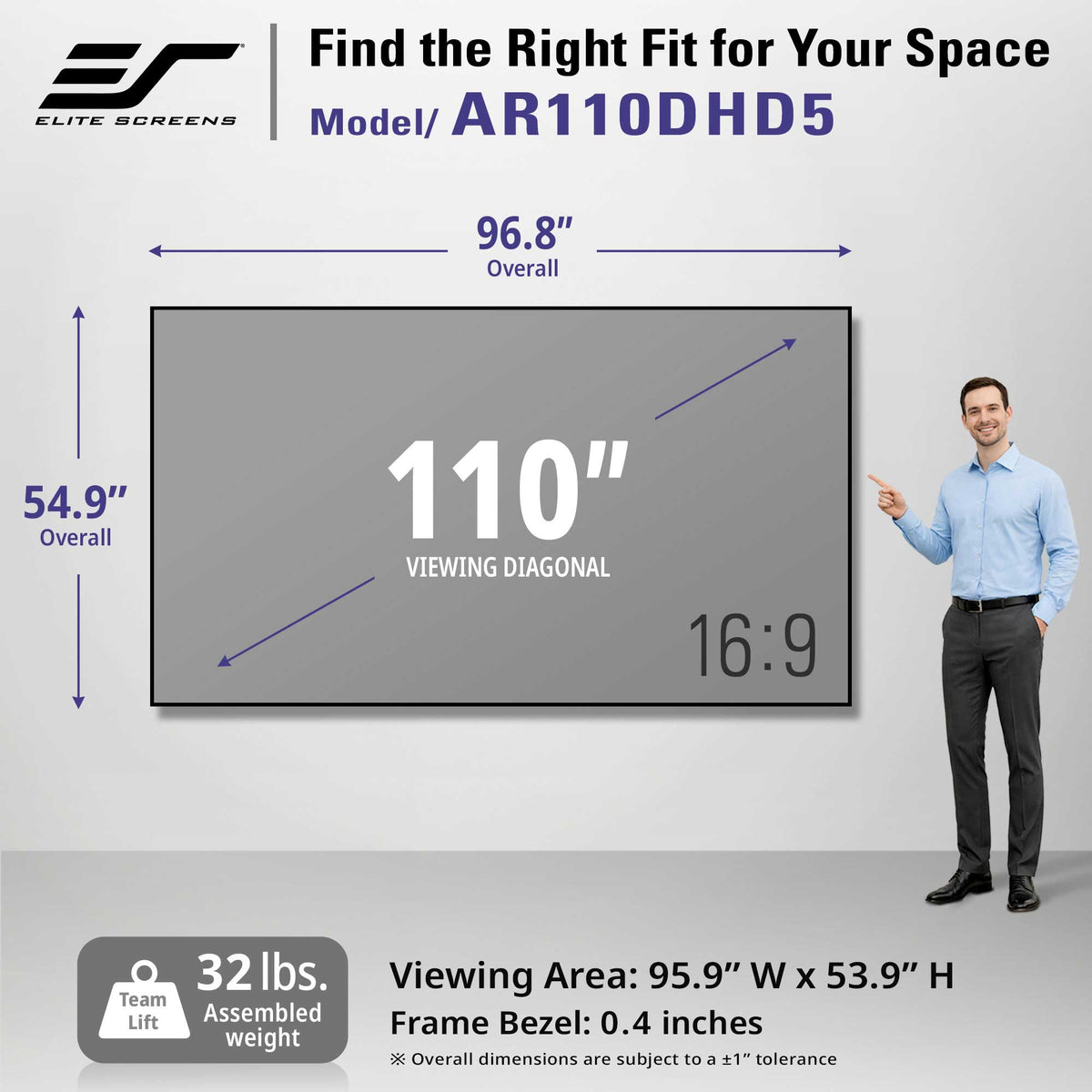 A promotional graphic for the Elite Screens AR110DHD5 110-inch wall-mounted display. It shows a large gray screen mockup with dimension arrows indicating 96.