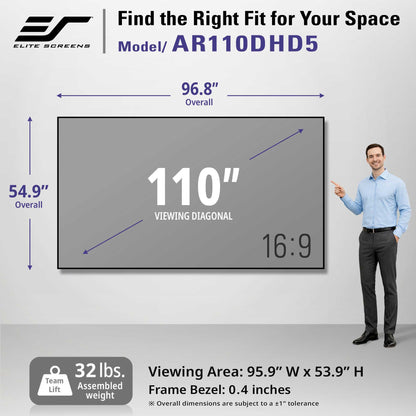 A promotional graphic for the Elite Screens AR110DHD5 110-inch wall-mounted display. It shows a large gray screen mockup with dimension arrows indicating 96.