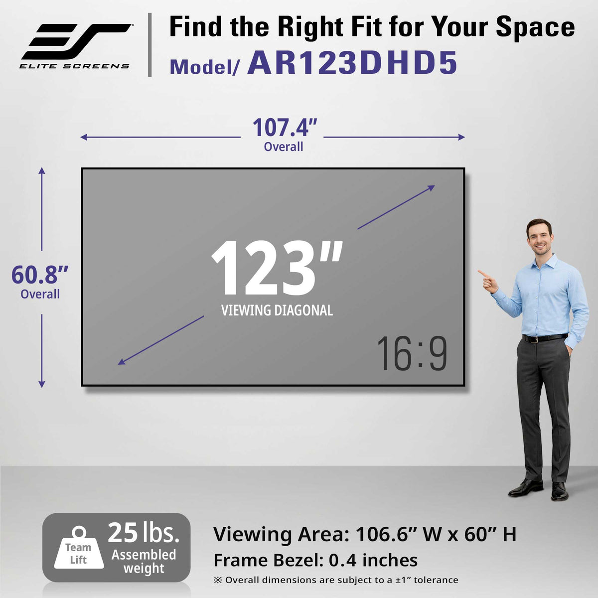 A promotional graphic for the Elite Screens AR123DHD5 123-inch wall mount display. It features a man standing next to a mock-up of the gray screen, with dimension lines indicating an overall size of 107.