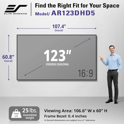 A promotional graphic for the Elite Screens AR123DHD5 123-inch wall mount display. It features a man standing next to a mock-up of the gray screen, with dimension lines indicating an overall size of 107.