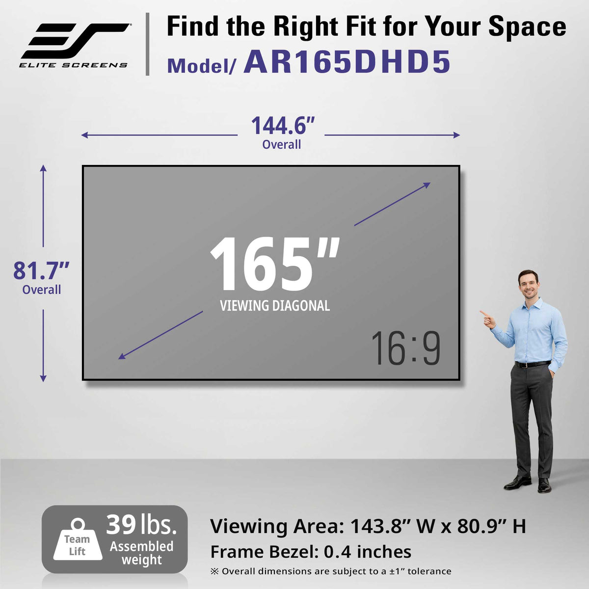 A promotional graphic for the Elite Screens AR165DHD5 165-inch wall mount display. It features a large mockup of the gray screen with dimensions, alongside a male model pointing to the display and product specs at the bottom.