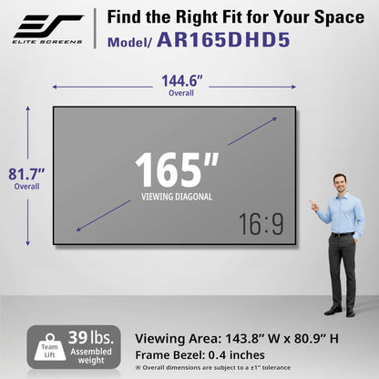 A promotional graphic for the Elite Screens AR165DHD5 165-inch wall mount display. It features a large mockup of the gray screen with dimensions, alongside a male model pointing to the display and product specs at the bottom.