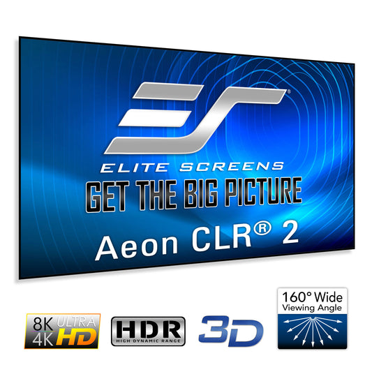 Elite Screens Aeon CLR 2 screen with features highlighted on a white background