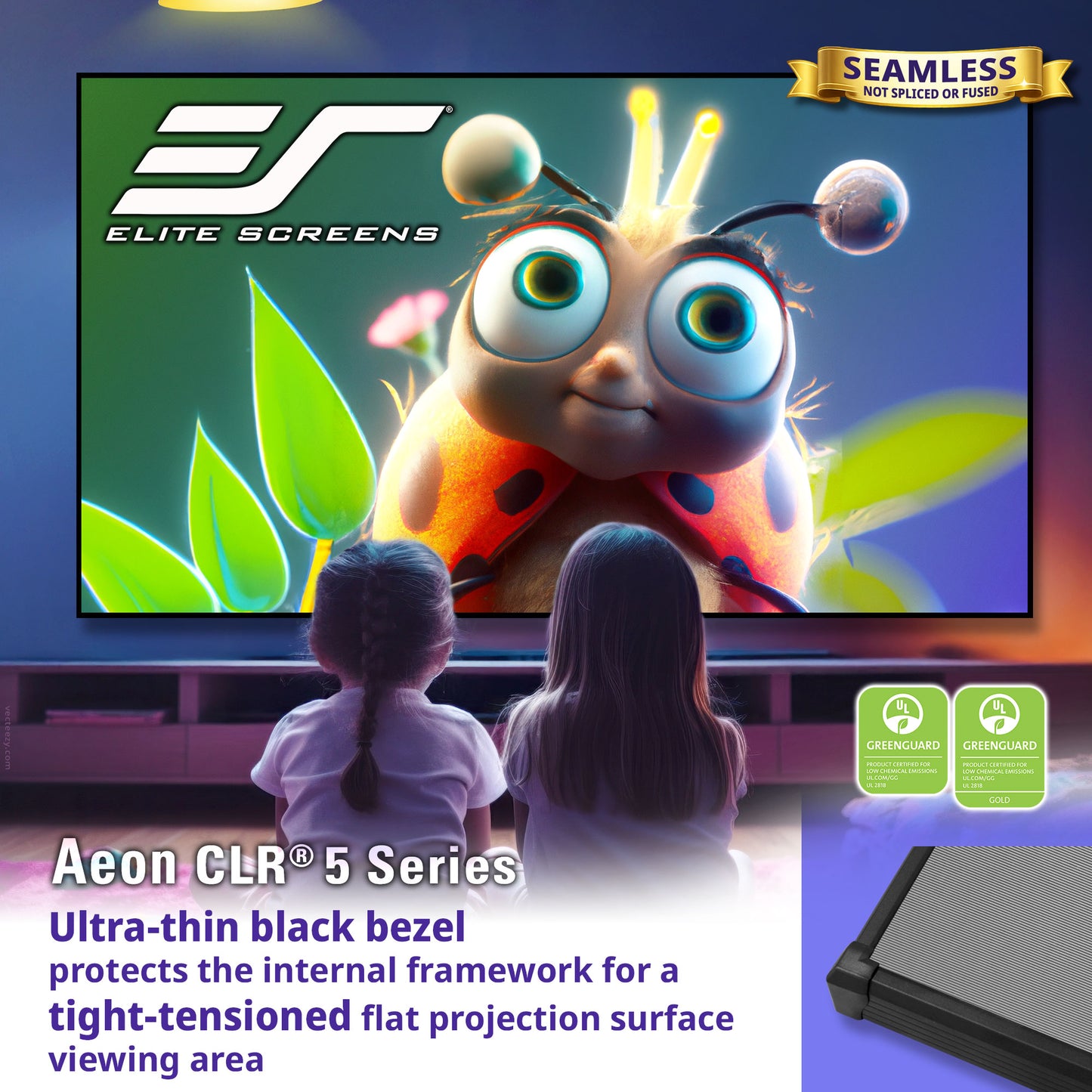 Two children watching a cartoon on a large screen with Elite Screens branding.