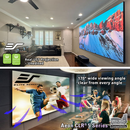 Home theater setup with large screen displaying nature scene and sports scene, featuring Elite Screens branding.