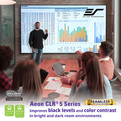 Person giving a presentation in front of an audience with a large screen displaying data, featuring Elite Screens Aeon CLR 5 Series projector.