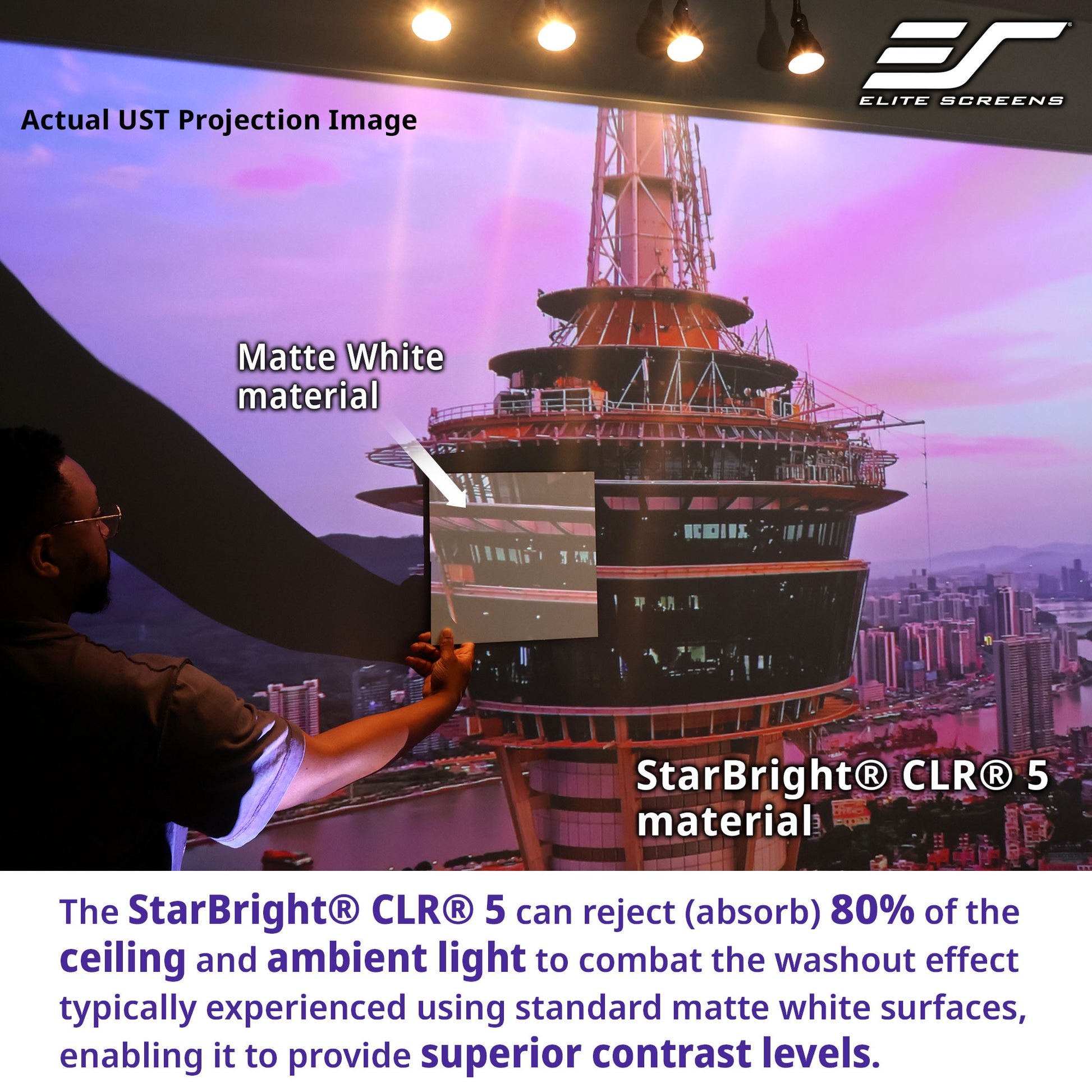 Person holding a screen with a cityscape projection, showcasing StarBright CLR 5 material on Elite Screens display.