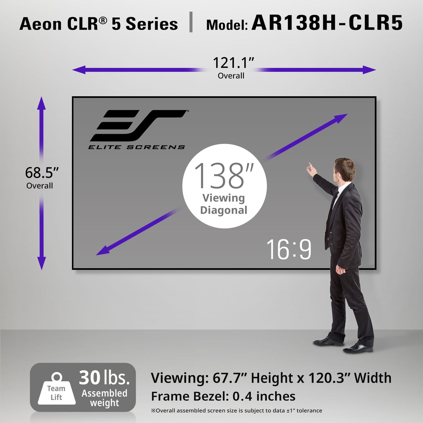 Elite Screens Aeon CLR 5 Series screen with dimensions and specifications displayed.