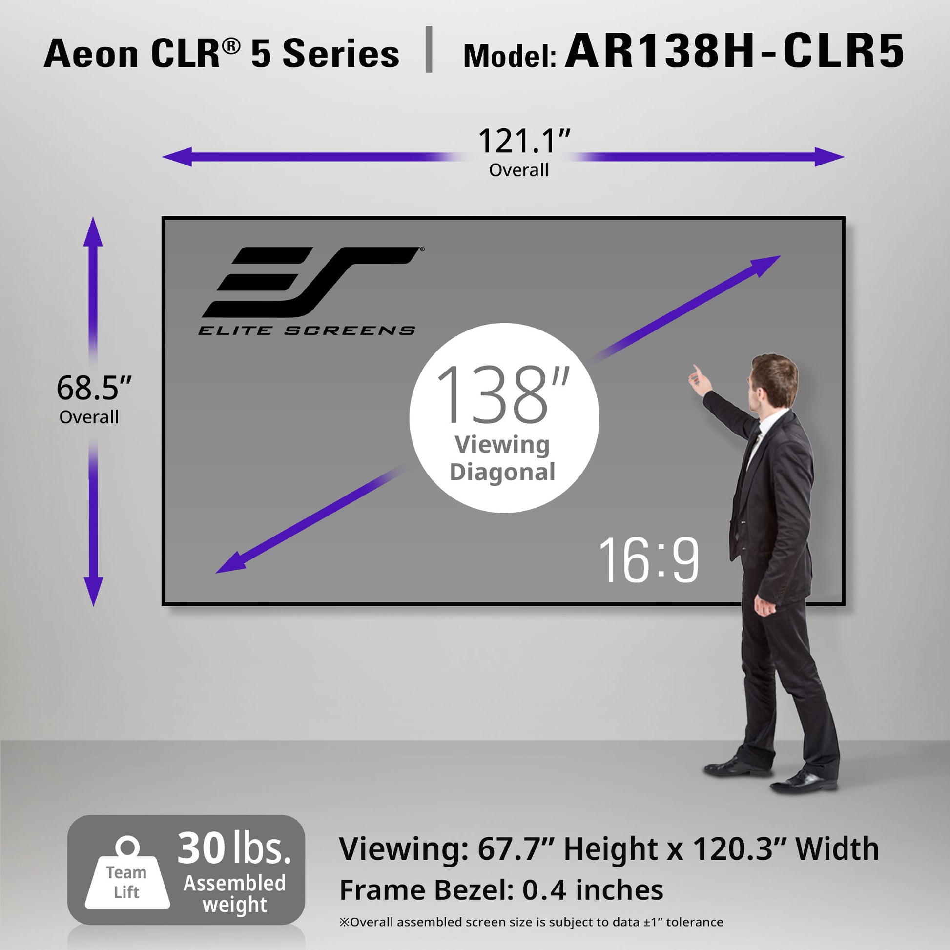 Elite Screens Aeon CLR 5 Series screen with dimensions and specifications displayed.