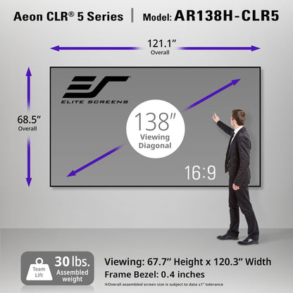 Elite Screens Aeon CLR 5 Series screen with dimensions and specifications displayed.