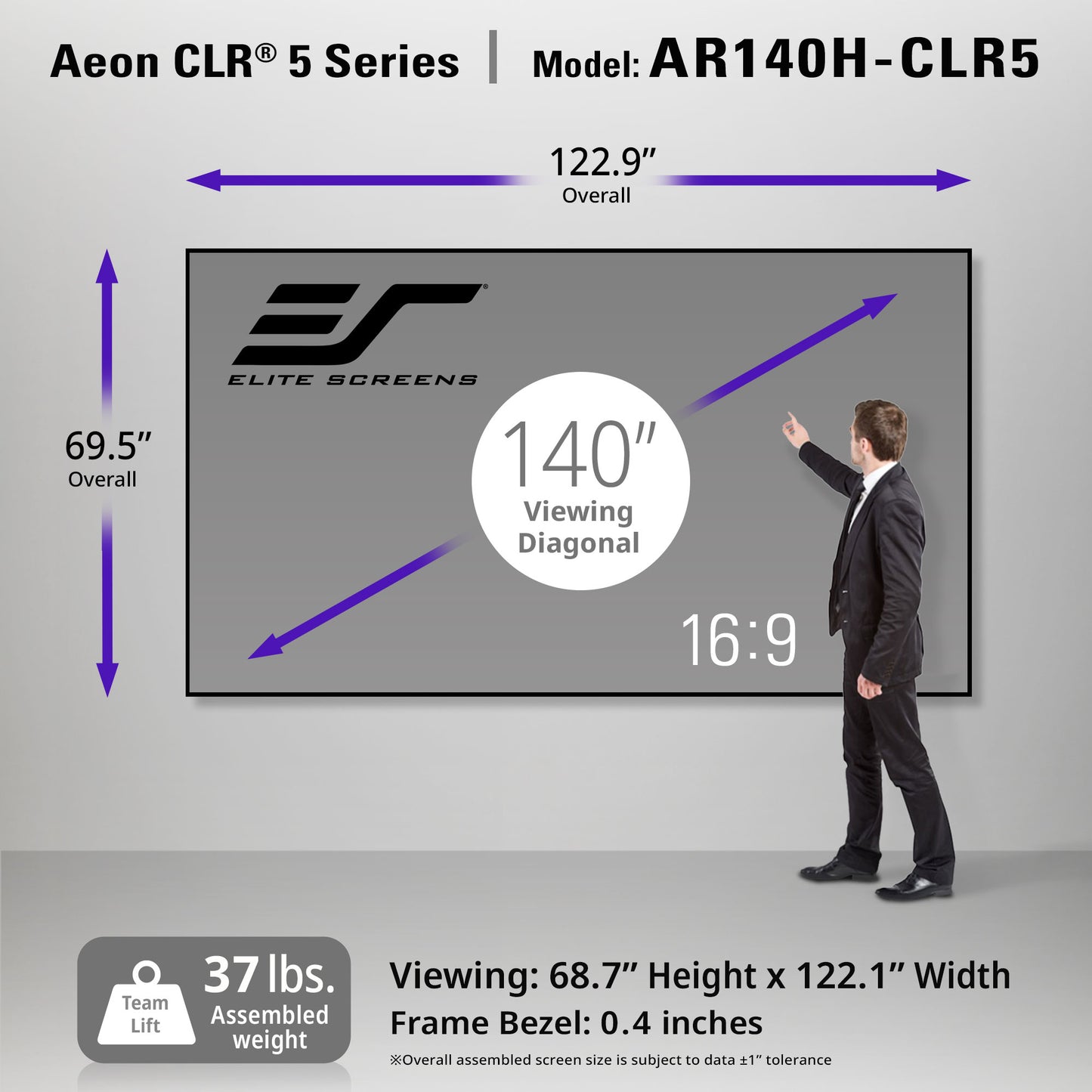 Elite Screens Aeon CLR 5 Series AR140H-CLR5 screen with dimensions and specifications displayed.