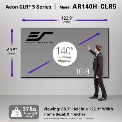 Elite Screens Aeon CLR 5 Series AR140H-CLR5 screen with dimensions and specifications displayed.