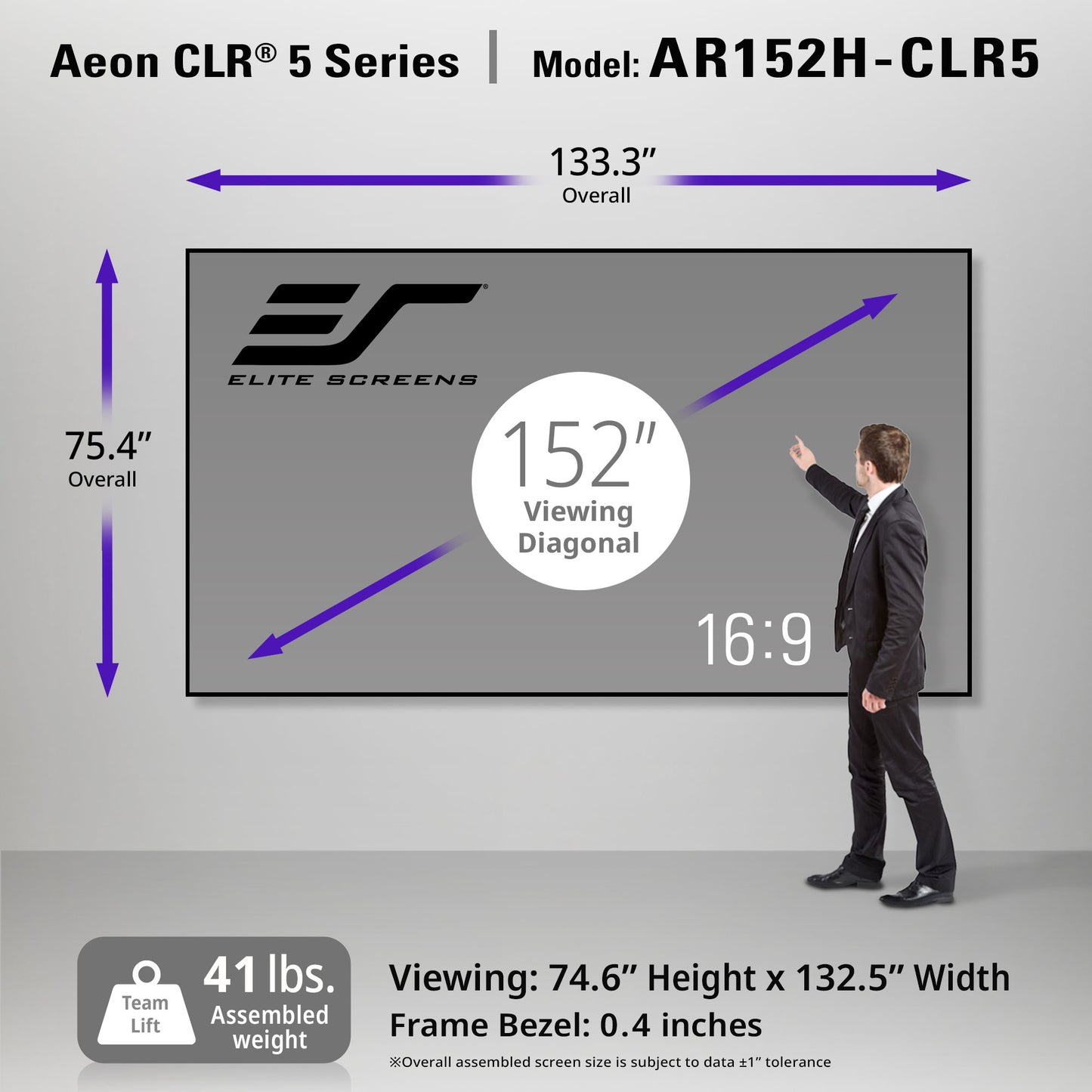 Elite Screens Aeon CLR 5 Series screen with dimensions and specifications displayed.