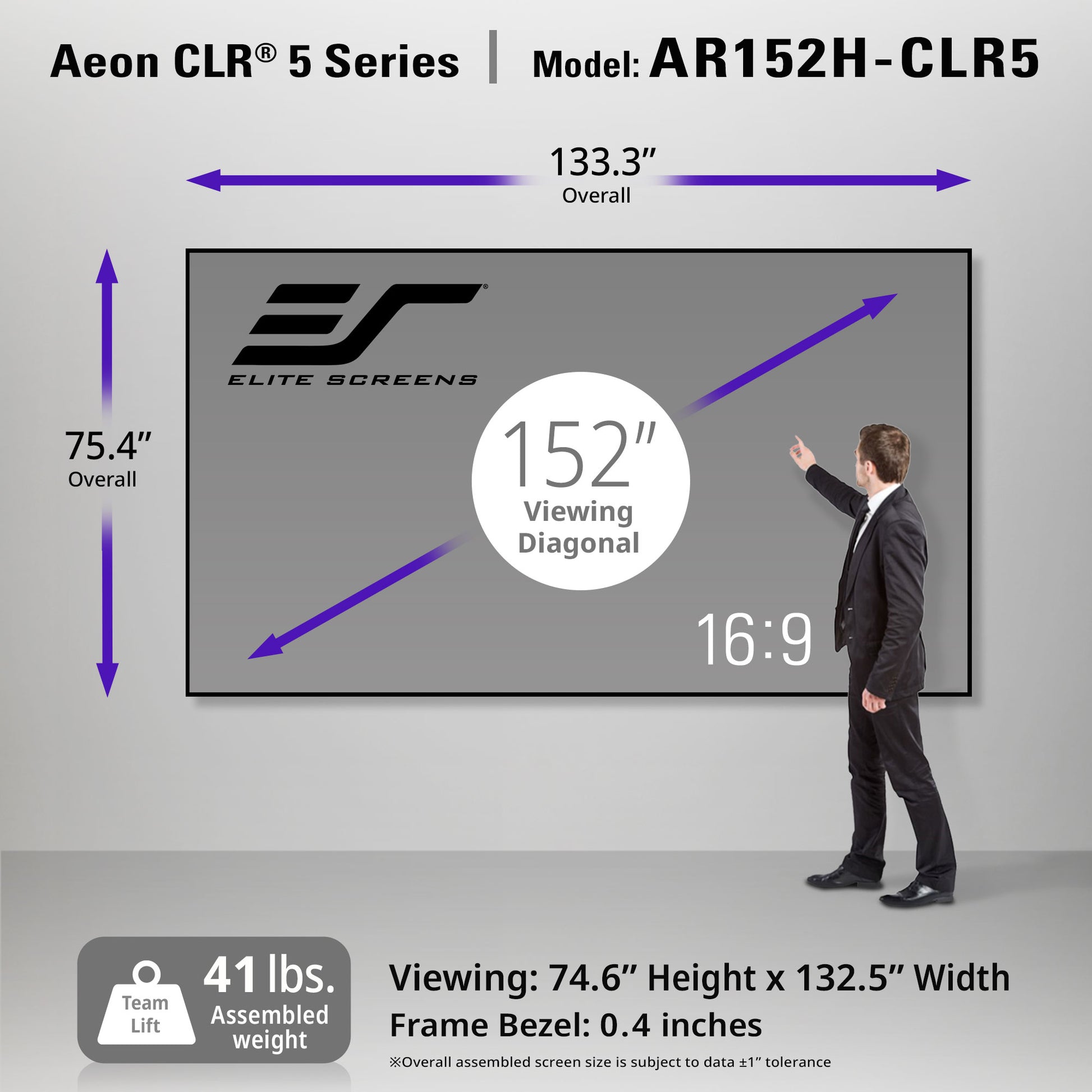 Elite Screens Aeon CLR 5 Series screen with dimensions and specifications displayed.
