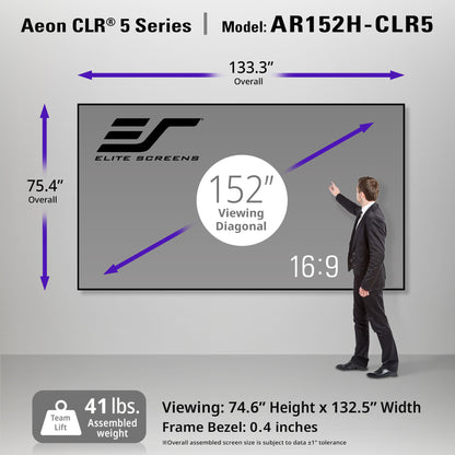 Elite Screens Aeon CLR 5 Series screen with dimensions and specifications displayed.