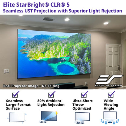 Large TV screen displaying a scenic image in a room with Elite Screens branding.