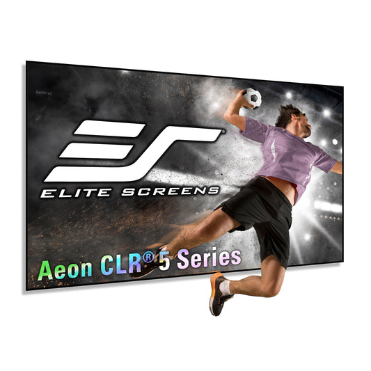 Person playing soccer in front of an Elite Screens Aeon CLR 5 Series projector screen.