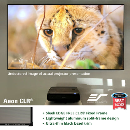 Projector screen displaying a cheetah, with Elite Screens branding and product features listed below.