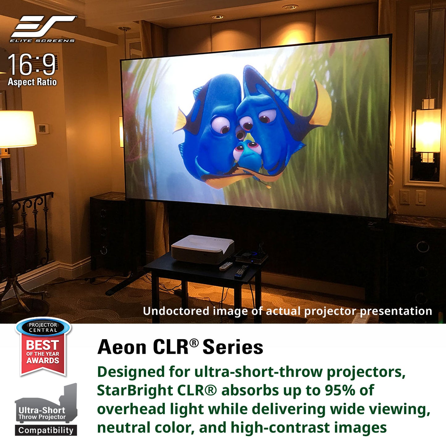 Projector displaying an animated scene with a fish on a large screen in a room.