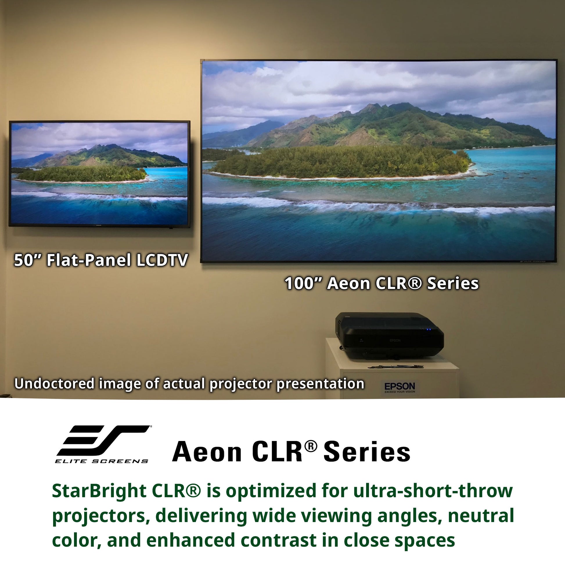 Two television screens displaying an island scene, with a projector below them, on a beige wall. Elite Screens Aeon CLR Series branding is visible.