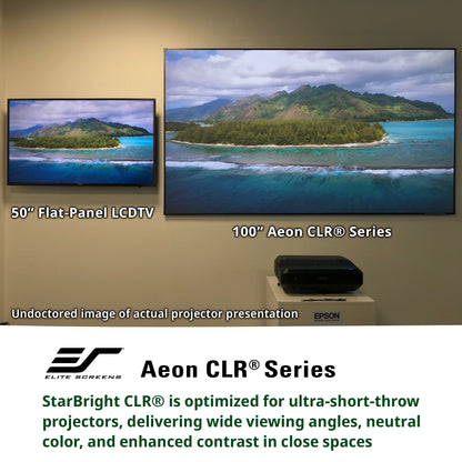 Two television screens displaying an island scene, with a projector below them, on a beige wall. Elite Screens Aeon CLR Series branding is visible.