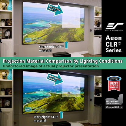 Comparison of projection material on a screen with Elite Screens Aeon CLR Series branding.