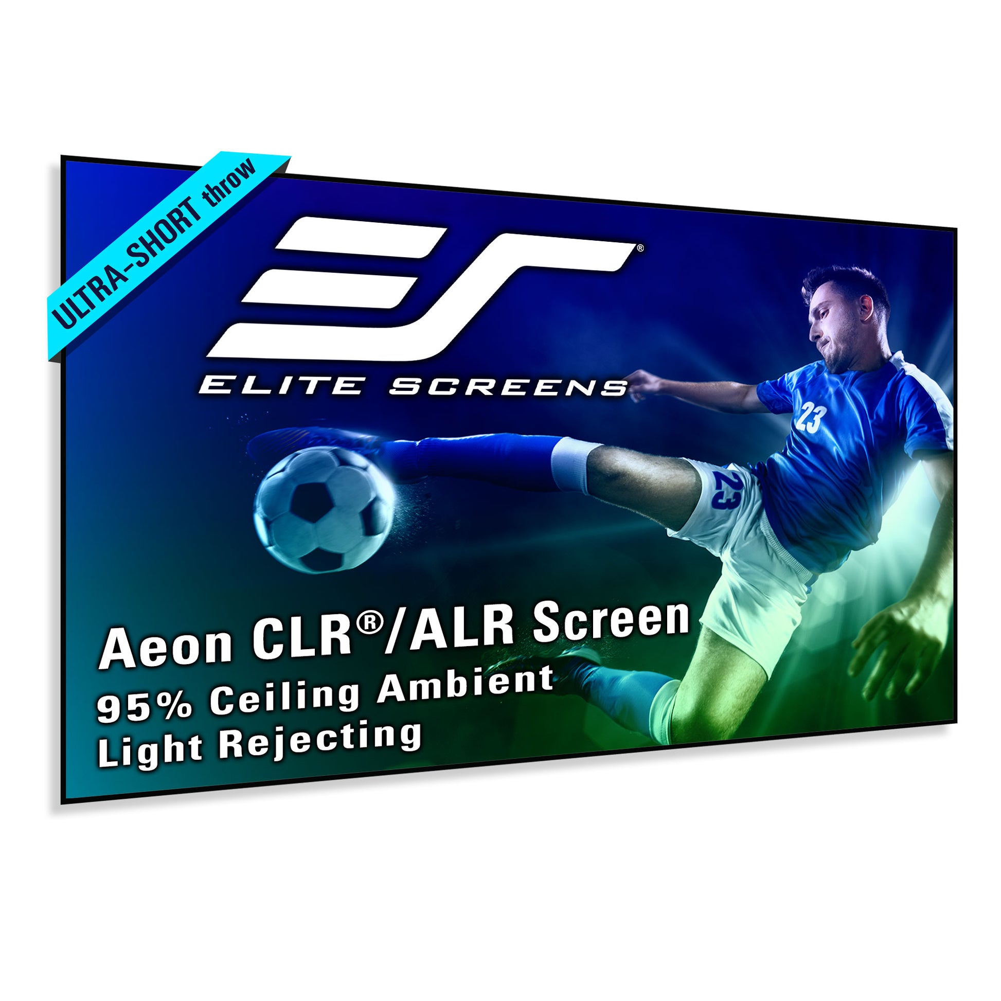 Elite Screens Aeon CLR/ALR screen with a soccer player kicking a ball on a blue background