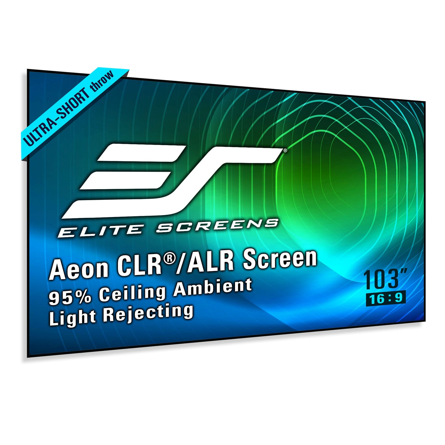 Elite Screens Aeon CLR/ALR screen 103" with branding and specifications on a white background