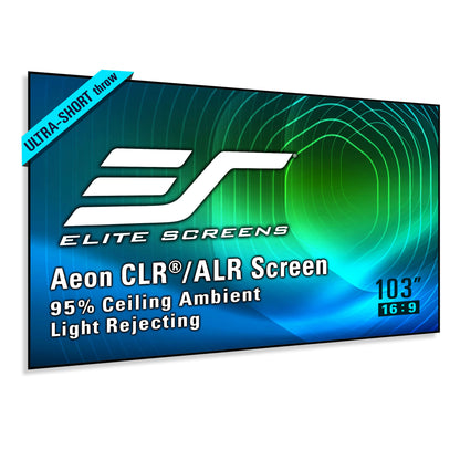 Elite Screens Aeon CLR/ALR screen 103" with branding and specifications on a white background