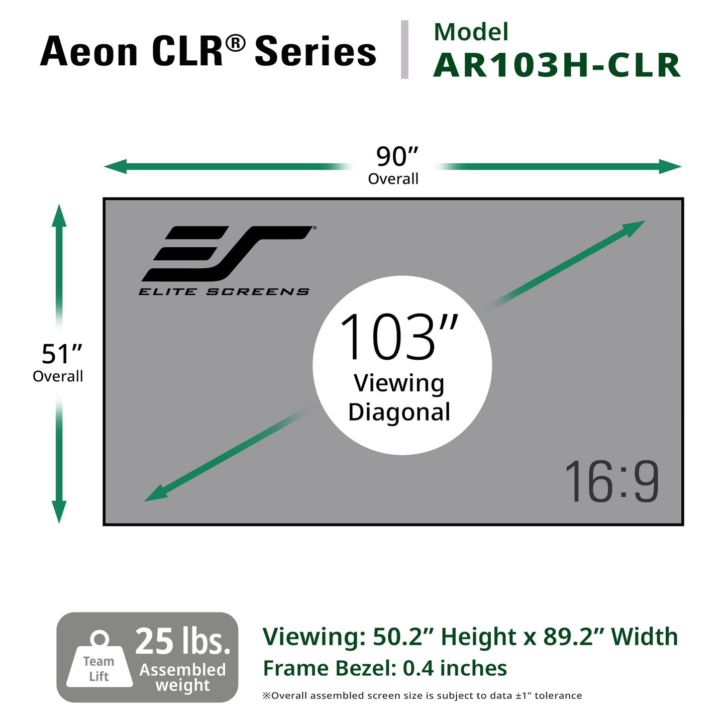 Elite Screens Aeon CLR Series AR103H-CLR screen with dimensions and specifications.