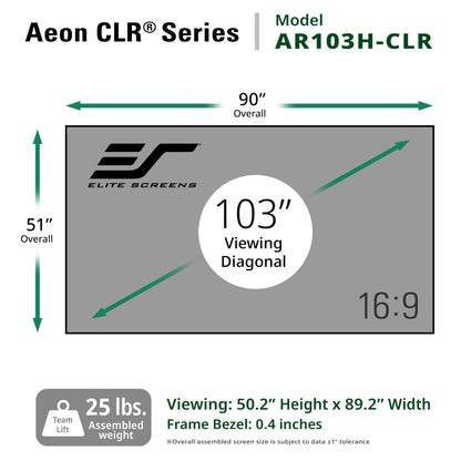 Elite Screens Aeon CLR Series AR103H-CLR screen with dimensions and specifications.