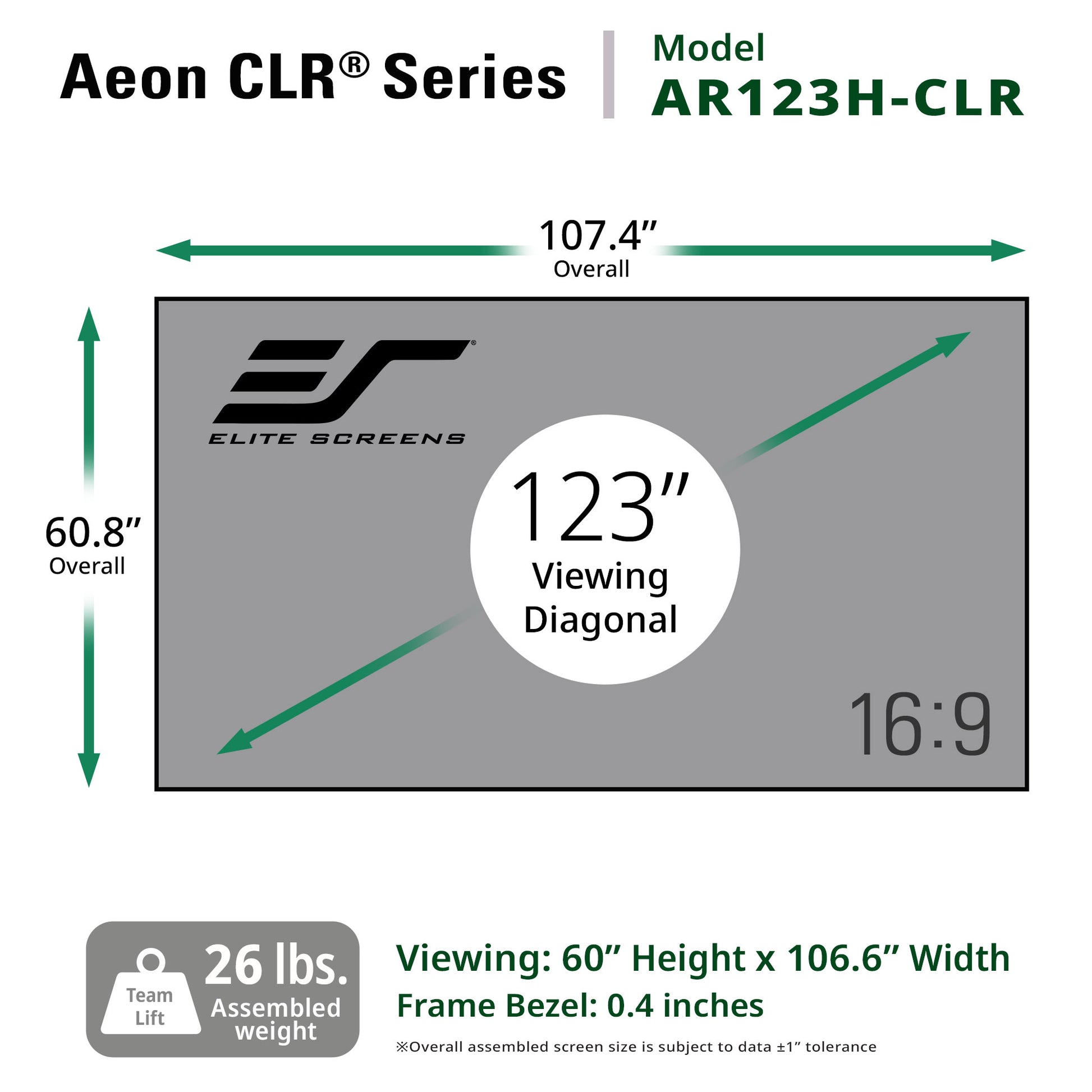 Elite Screens Aeon CLR Series AR123H-CLR screen dimensions and specifications diagram.
