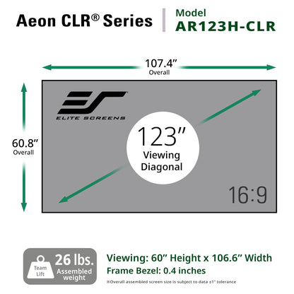 Elite Screens Aeon CLR Series AR123H-CLR screen dimensions and specifications diagram.