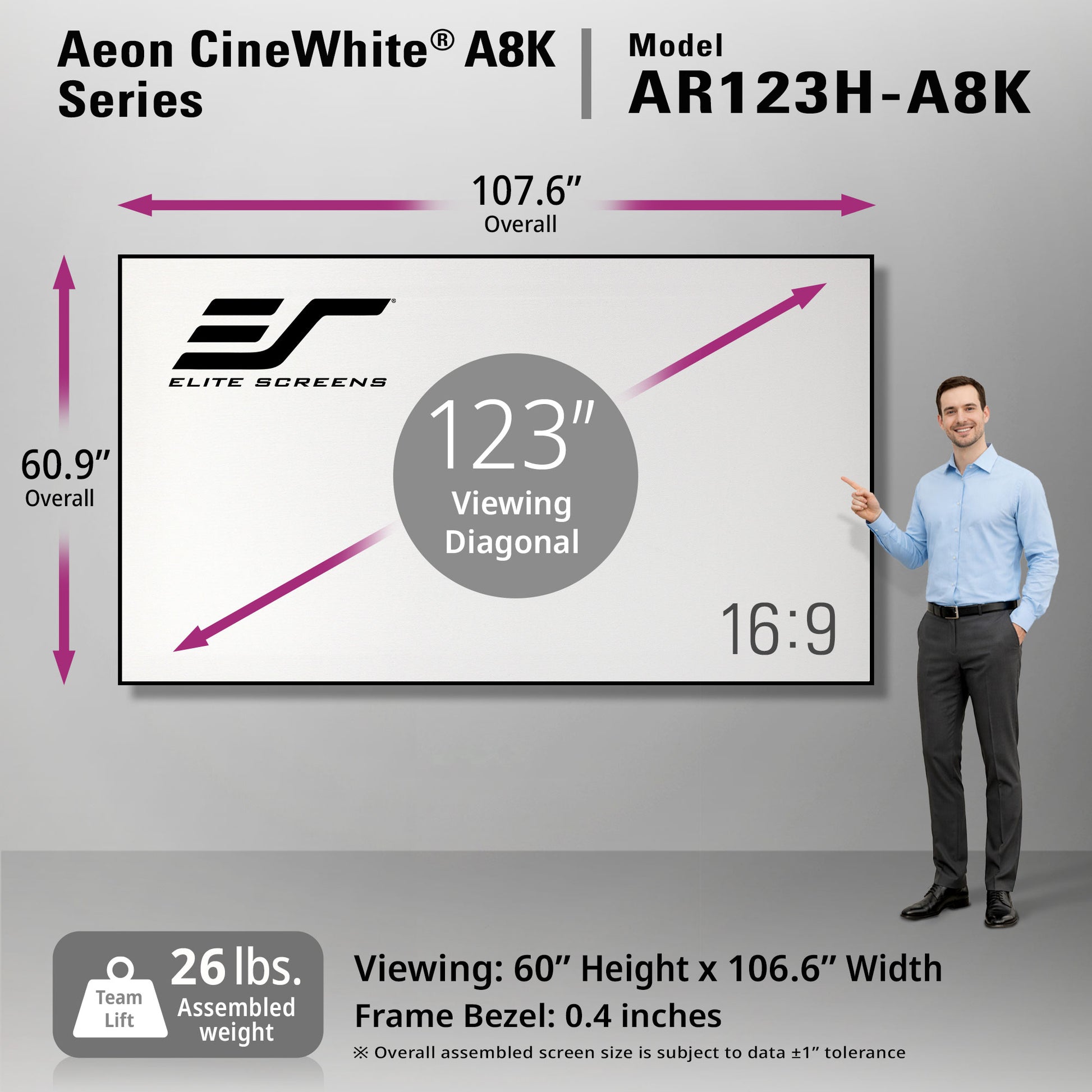 Elite Screens Aeon CineWhite A8K Series screen 123" with dimensions and specifications displayed.