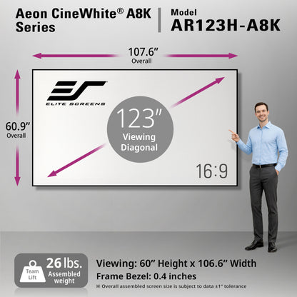 Elite Screens Aeon CineWhite A8K Series screen 123" with dimensions and specifications displayed.