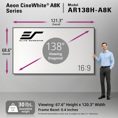 Elite Screens Aeon CineWhite A8K Series screen 138" with dimensions and features displayed on a gray background.