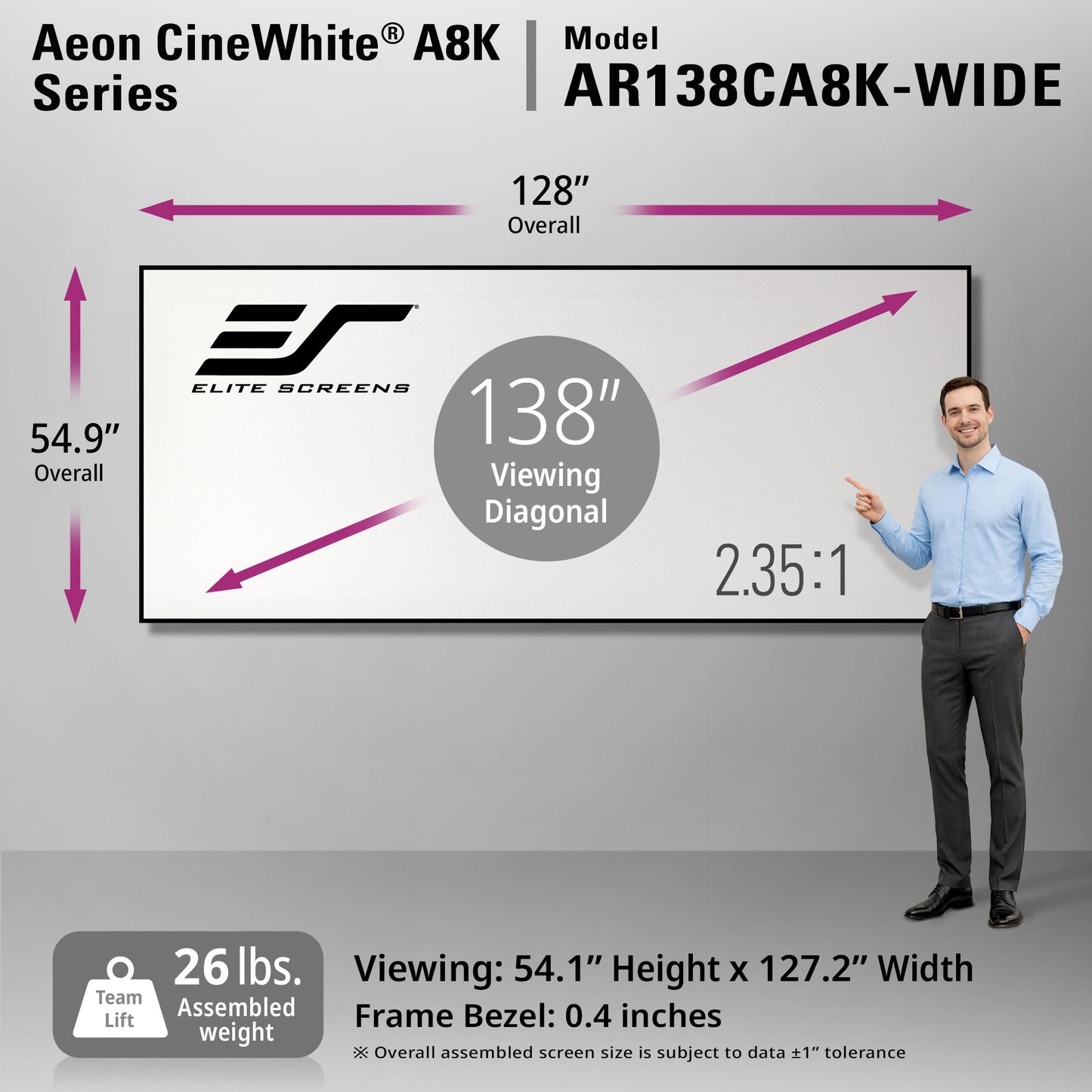 Elite Screens Aeon CineWhite A8K Series screen 138" 2.35:1 Ratio with dimensions and features displayed on a gray background. 